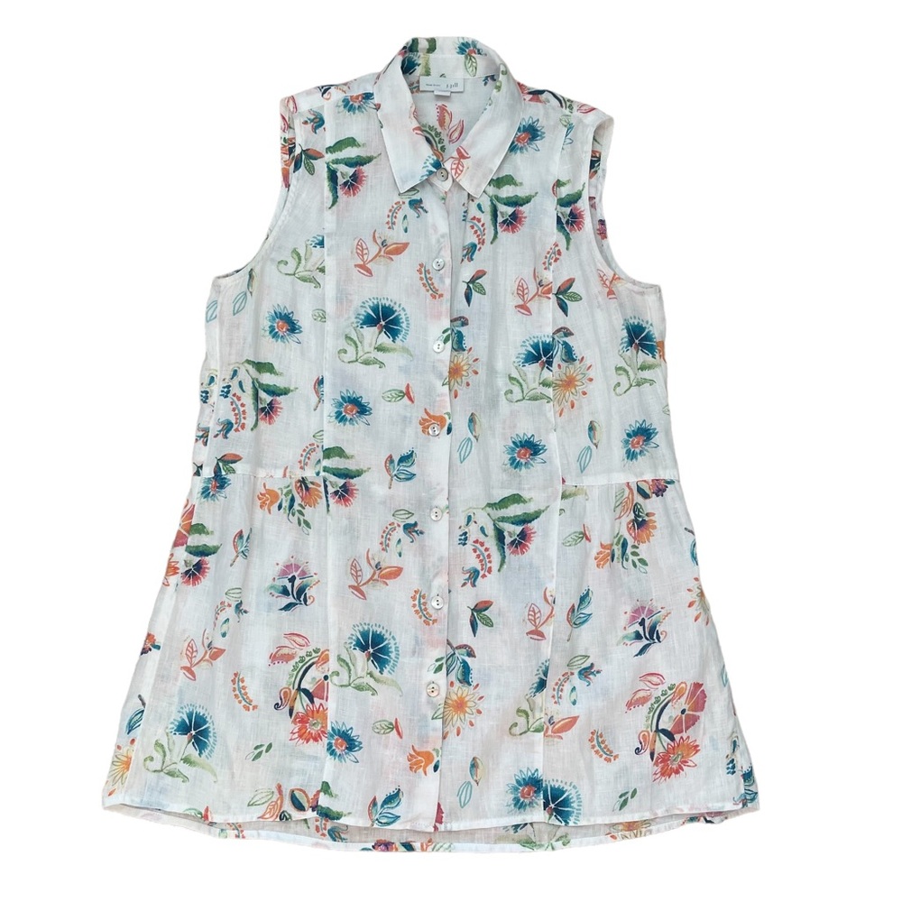 J Jill Love Linen White Floral Sleeveless Button-down Tunic Top size XS P